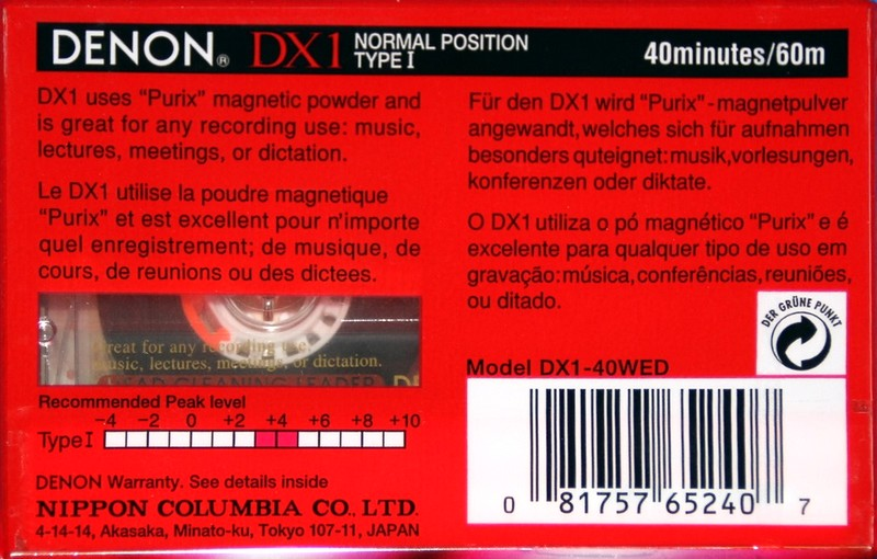 Compact Cassette Denon DX1 40 "DX1-40WED" Type I Normal 1995 North America