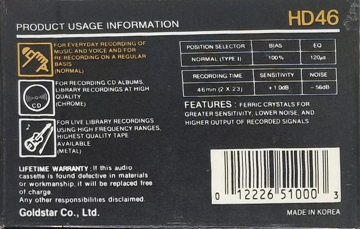 Compact Cassette Goldstar HD 46 Type I Normal 1990 USA