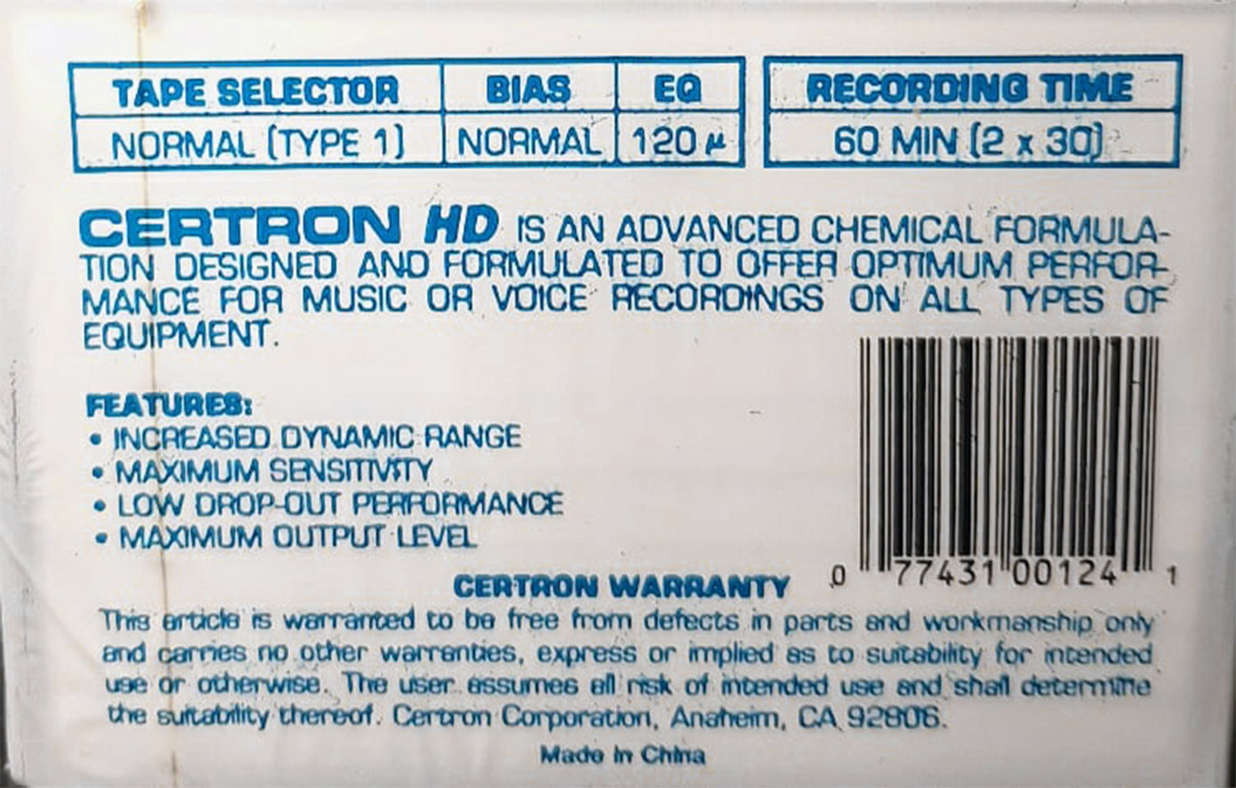Compact Cassette Certron HD 60 Type I Normal 1988 USA