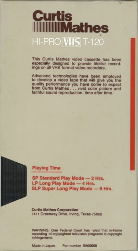 VHS, Video Home System Curtis Mathes 120 "Hi-Pro" Type I Normal USA