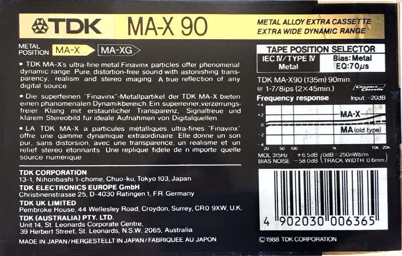 Compact Cassette TDK MA-X 90 Type IV Metal 1988 Australia, Europe