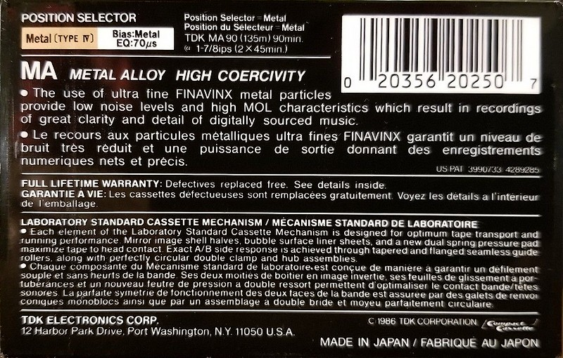 Compact Cassette TDK MA 90 Type IV Metal 1985 North America