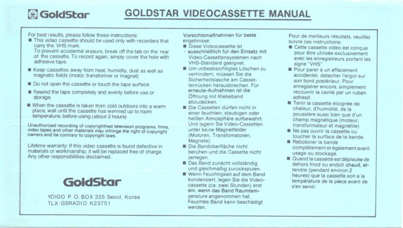 VHS, Video Home System Goldstar Super Alpha 180 Type I Normal 1992 Europe