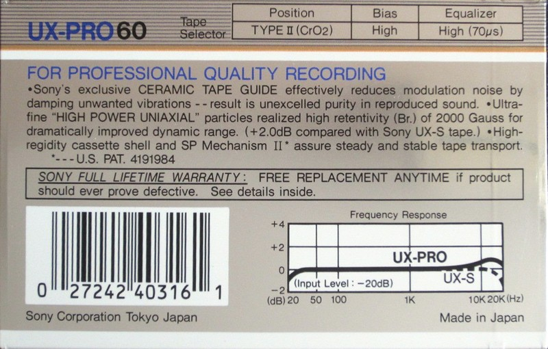Compact Cassette Sony UX-Pro 60 Type II Chrome 1986 USA