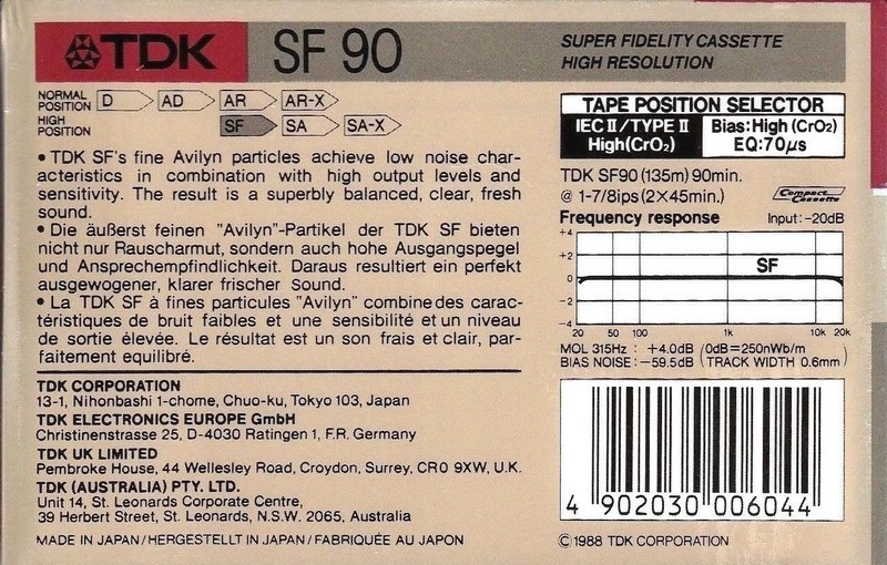 Compact Cassette TDK SF 90 Type II Chrome 1988 Australia, Europe