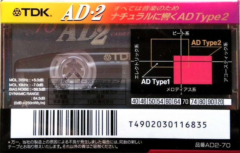 Compact Cassette TDK AD2 70 "AD2-70" Type II Chrome 1995 Japan