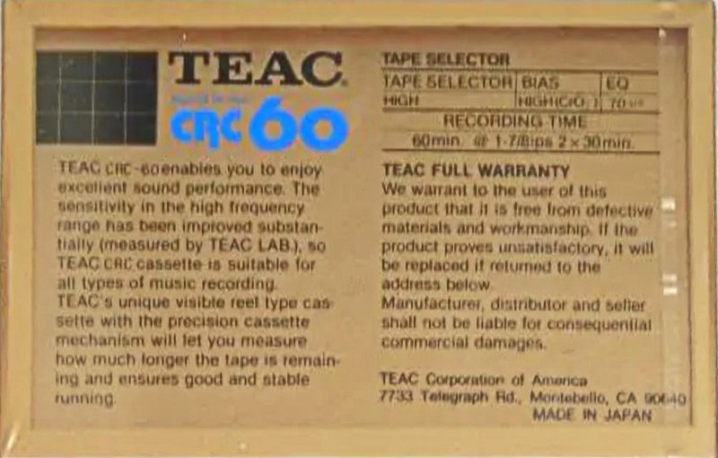 Compact Cassette Teac CRC 60 Type II Chrome 1983 USA