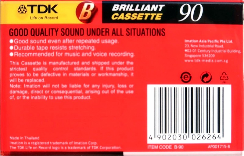 Compact Cassette TDK B 90 "AP001715P-B" Type I Normal 1992 Thailand