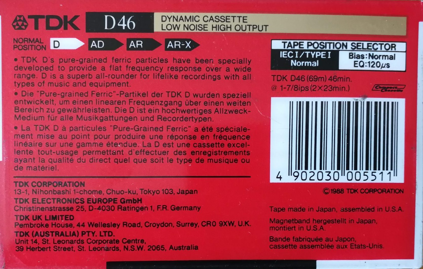 Compact Cassette TDK D 46 Type I Normal 1988 Australia, Europe