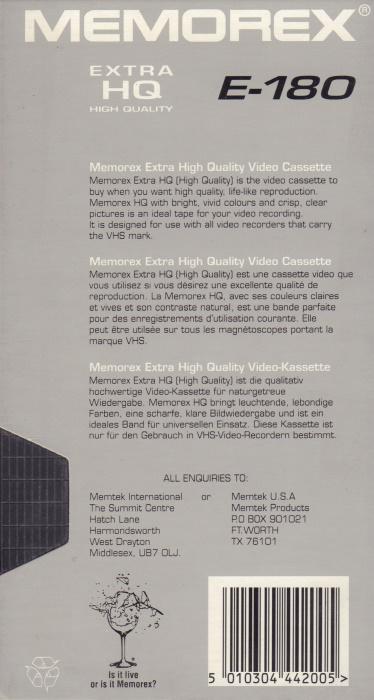 VHS, Video Home System Memorex Extra HQ 180 Type I Normal Europe