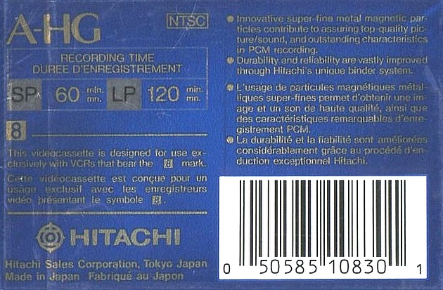 Video8, Hi8, Digital8 Hitachi 60 "Metal A-HG" Type IV Metal 1993 North America