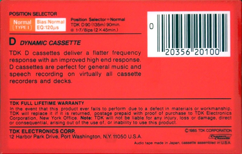 Compact Cassette TDK D 90 Type I Normal 1985 USA
