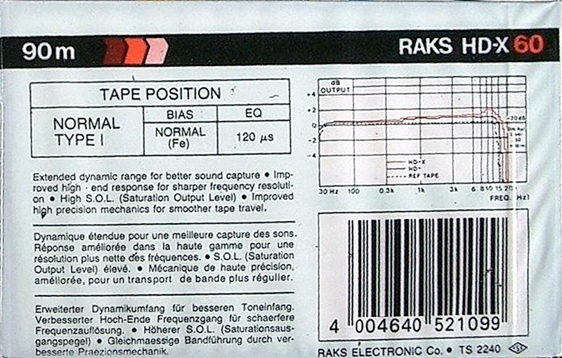 Compact Cassette RAKS HD-X 60 Type I Normal 1989 Europe