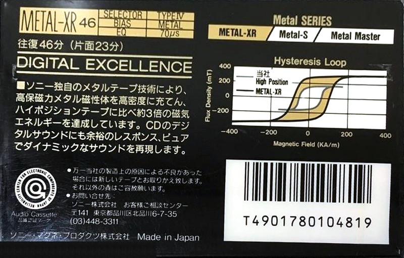 Compact Cassette Sony Metal-XR 46 "MTL-XR46" Type IV Metal 1989 Japan