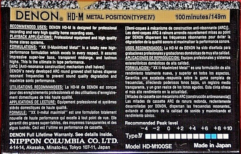 Compact Cassette Denon HD-M 100 "HD-M100SE" Type IV Metal 1990 Europe