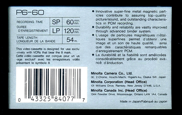 Video8, Hi8, Digital8 Minolta 60 Type IV Metal North America
