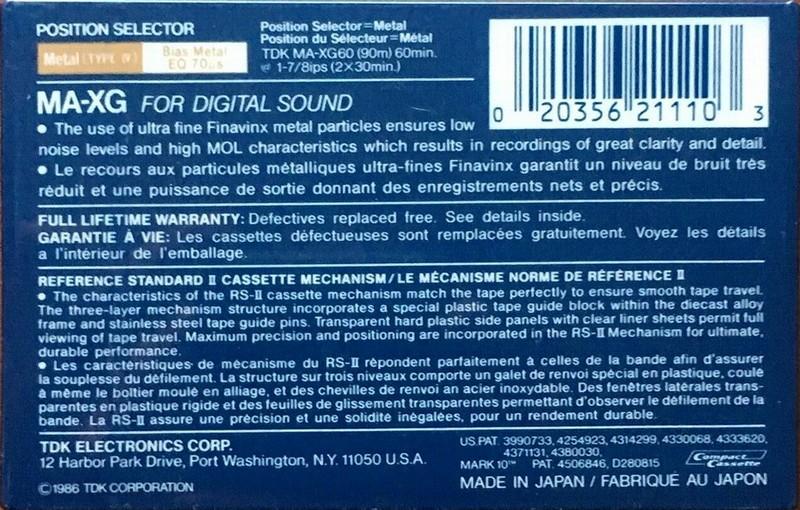 Compact Cassette TDK MA-XG 60 Type IV Metal 1986 North America