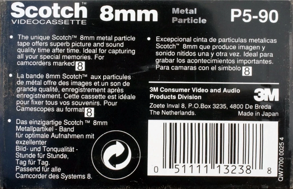 Video8, Hi8, Digital8 Scotch 90 Type IV Metal 1991 North America