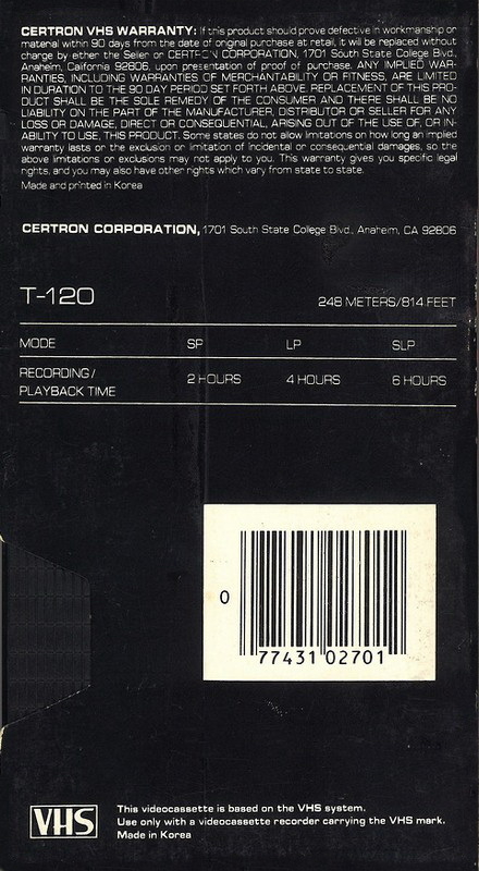 VHS, Video Home System Certron 120 Type I Normal USA