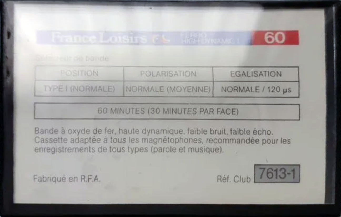Compact Cassette France Loisirs 60 Type I Normal 1987 France