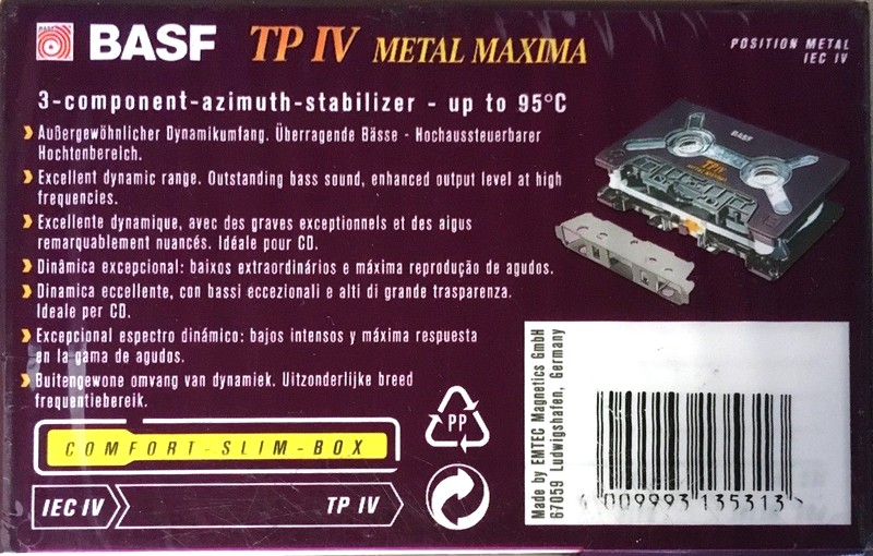 Compact Cassette BASF TP IV Metal Maxima 60 Type IV Metal 1995 Europe