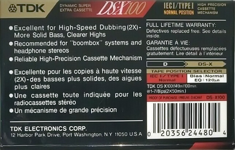 Compact Cassette TDK DS-X 100 Type I Normal 1992 North America