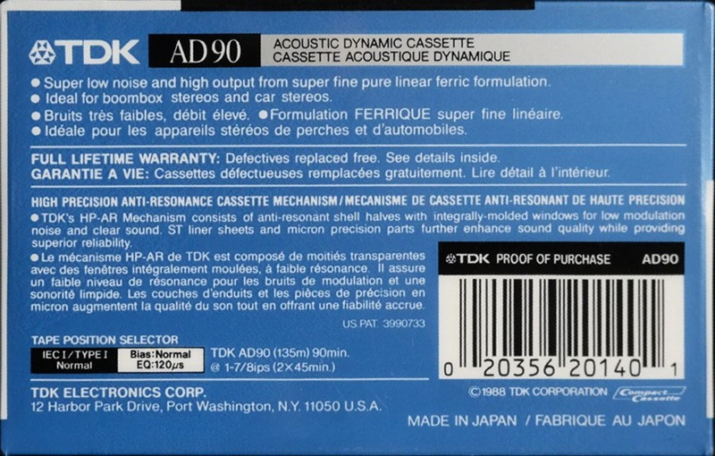 Compact Cassette TDK AD 90 Type I Normal 1988 North America