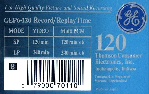 Video8, Hi8, Digital8 GE / General Electric 120 "GEP6-120" Type IV Metal USA