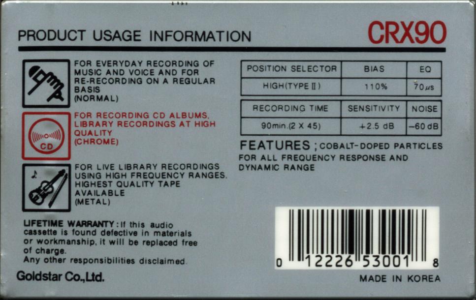 Compact Cassette Goldstar CRX 90 Type II Chrome 1990 USA