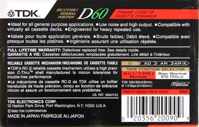 Compact Cassette TDK D 60 Type I Normal 1990 USA