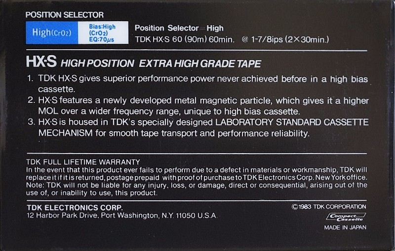 Compact Cassette TDK HX-S 60 Type II Chrome 1983 USA