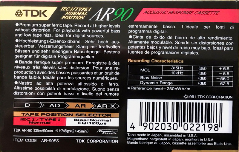 Compact Cassette TDK AR 90 "AR-90ES" Type I Normal 1991 Europe