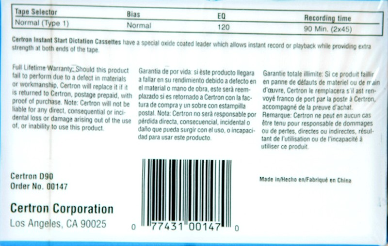 Compact Cassette Certron 90 Dictating Cassette China