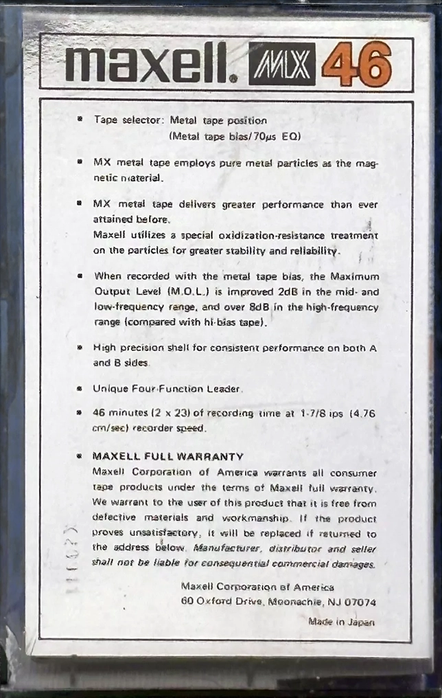 Compact Cassette Maxell MX 46 Type IV Metal 1979 USA