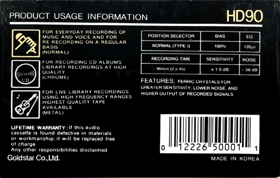 Compact Cassette Goldstar HD 90 Type I Normal 1989 USA