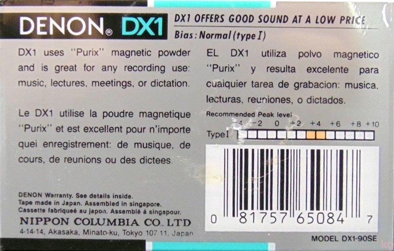 Compact Cassette Denon DX1 90 "DX1-90SE" Type I Normal 1992 North America
