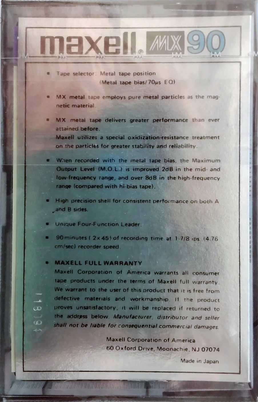 Compact Cassette Maxell MX 90 Type IV Metal 1979 USA