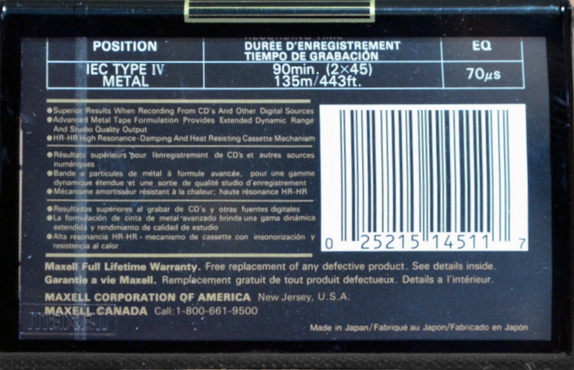 Compact Cassette Maxell MX-S 90 Type IV Metal 1994 North America