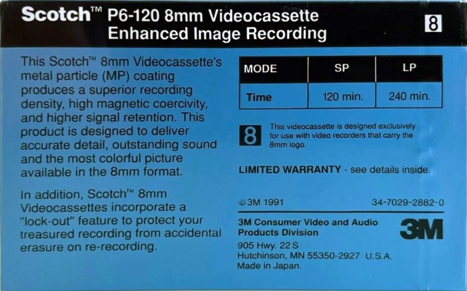 Video8, Hi8, Digital8 Scotch 120 Type IV Metal 1991 USA