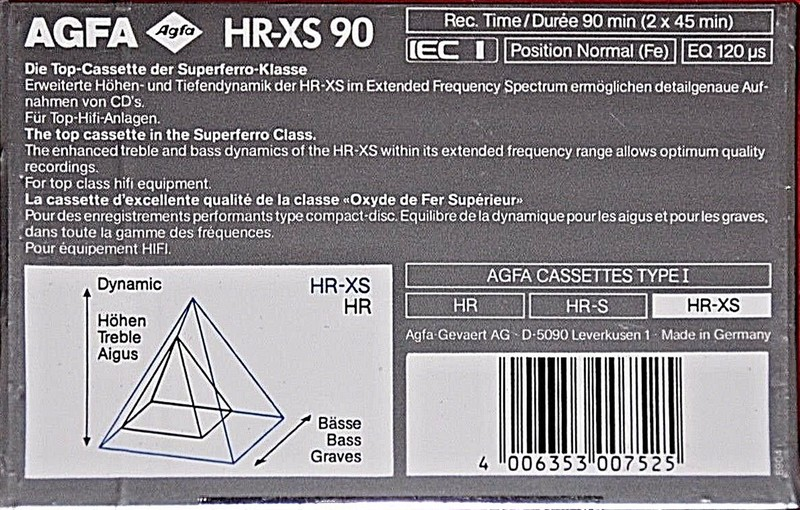 Compact Cassette AGFA HR-XS 90 Type I Normal 1989 Europe