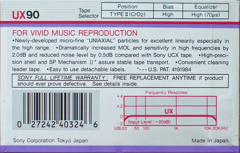 Compact Cassette Sony UX 90 Type II Chrome 1986 USA