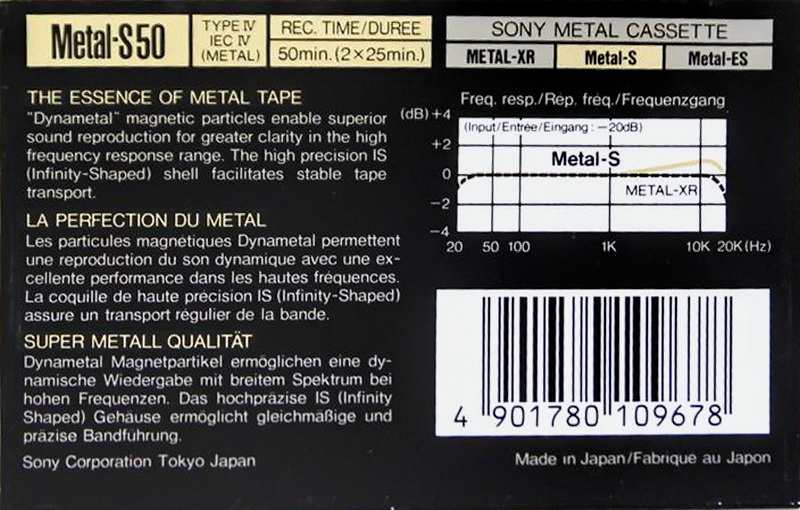 Compact Cassette Sony Metal-S 50 "MTL-50B" Type IV Metal 1989 Europe