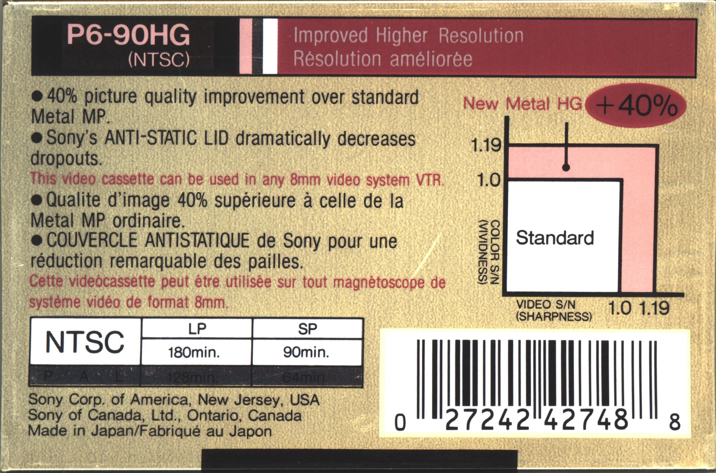 Video8, Hi8, Digital8 Sony HG 90 "Video8 P6-90HG" Type IV Metal 1992 North America