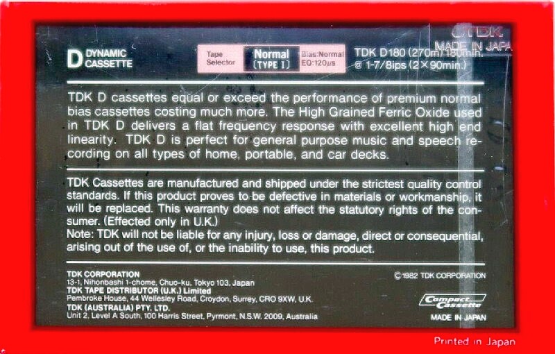 Compact Cassette TDK D 180 Type I Normal 1982 Australia, Europe