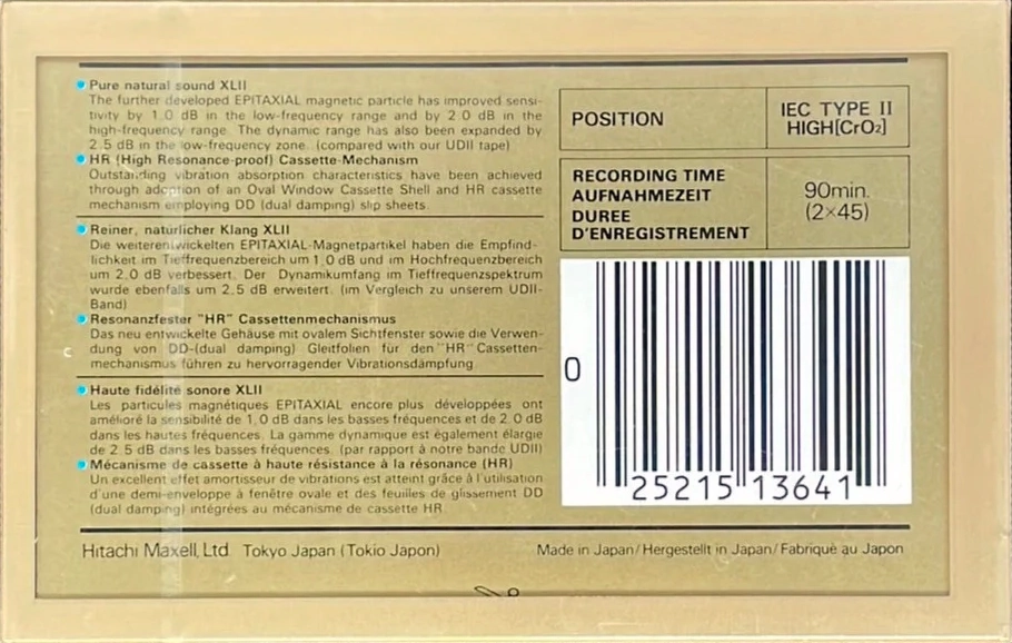Compact Cassette Maxell XLII 90 Type II Chrome 1986 North America