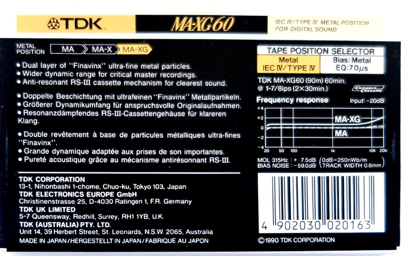 Compact Cassette TDK MA-XG 60 Type IV Metal 1990 Australia, Europe