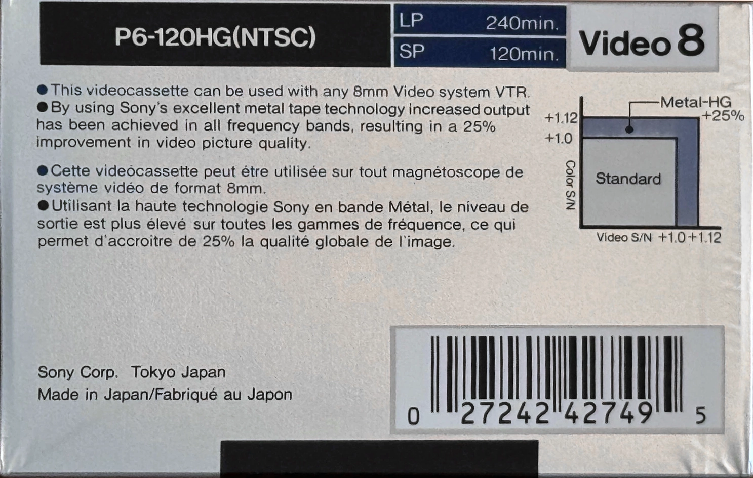 Video8, Hi8, Digital8 Sony HG 120 "P6-120HGA" Type IV Metal 1989 North America