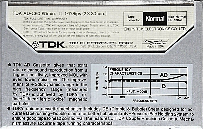 Compact Cassette TDK AD 60 Type I Normal 1979 USA