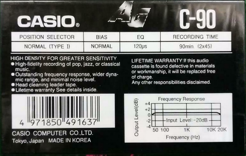 Compact Cassette Casio AG 90 Type I Normal 1988 Europe