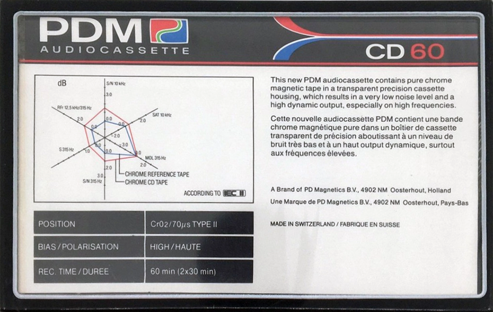 Compact Cassette PDM CD 60 Type II Chrome 1987 Europe